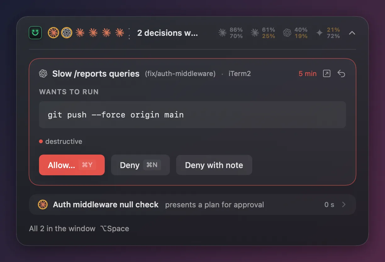 A card where Codex wants to run git push --force origin main, marked destructive in red, with the Allow button asking for a second confirmation.