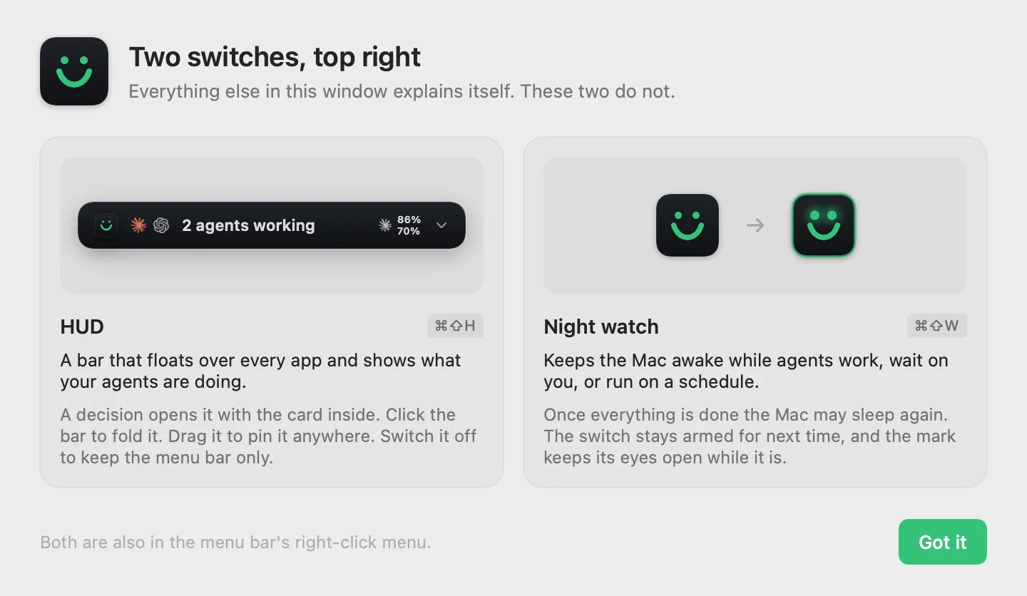 The first-run screen explaining the two switches: the HUD, a bar reading 2 agents working, and Night watch.